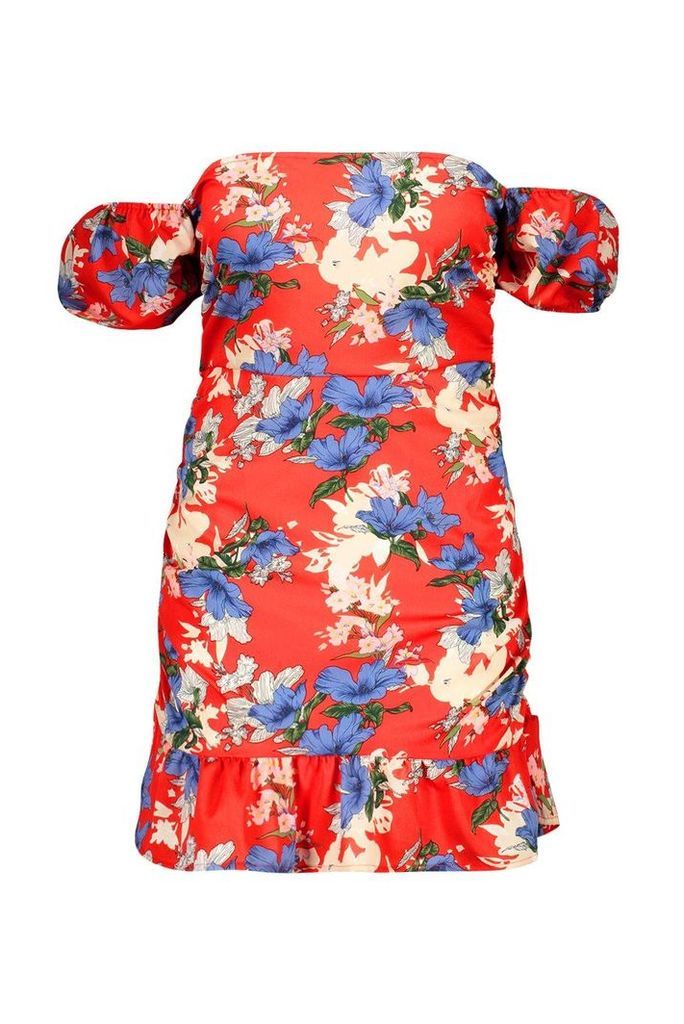 Womens Plus Floral Print Woven Bardot Frill Mini Dress - red - 24, Red