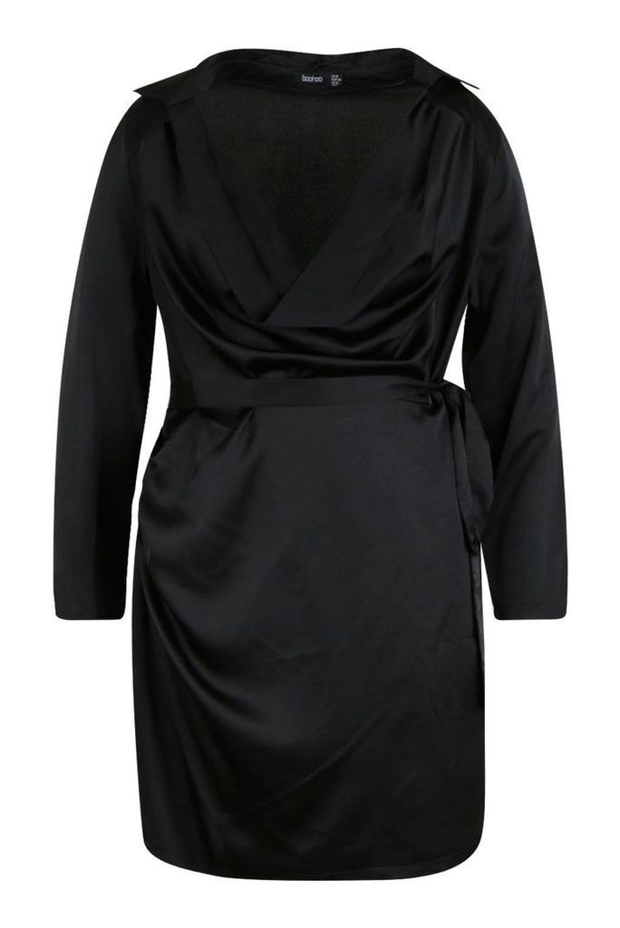 Womens Plus Satin Cowl Neck Tie Waist Shirt Dress - black - 16, Black