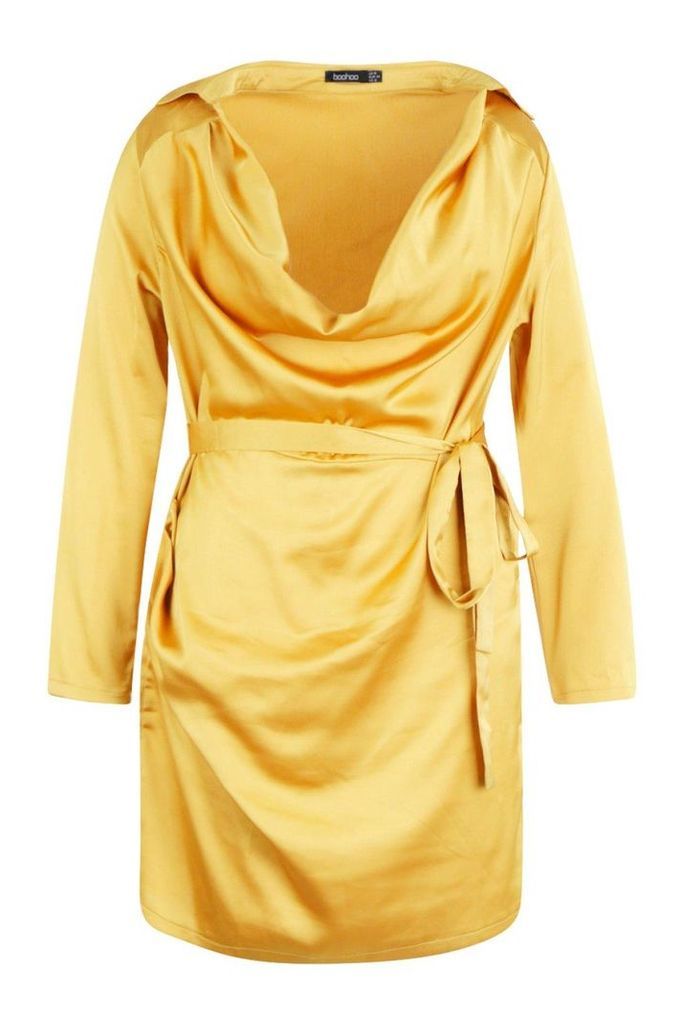 Womens Plus Satin Cowl Neck Tie Waist Shirt Dress - yellow - 18, Yellow