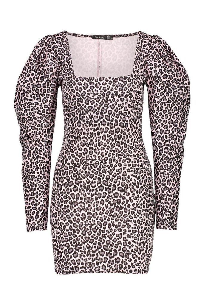 Womens Petite Leopard Jacquard Oversized Sleeve Dress - Pink - 10, Pink