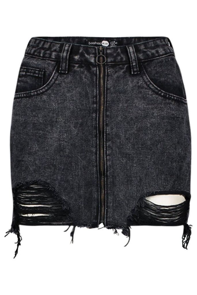 Womens Petite Zip Front Distressed Denim Mini Skirt - black - 8, Black