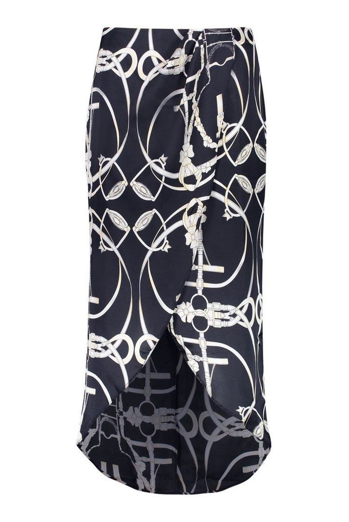 Womens Plus Chain Print Satin Wrap Midi Skirt - black - 22, Black