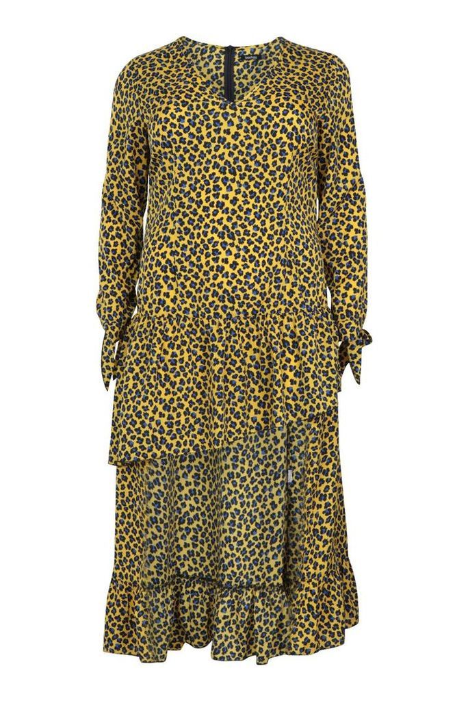 Womens Plus Leopard Ruffle Step Hem Maxi Dress - yellow - 16, Yellow