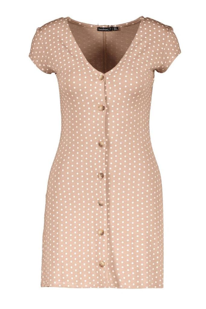 Womens Petite Cap Sleeve Button Polka Dot Shift Dress - Beige - 4, Beige
