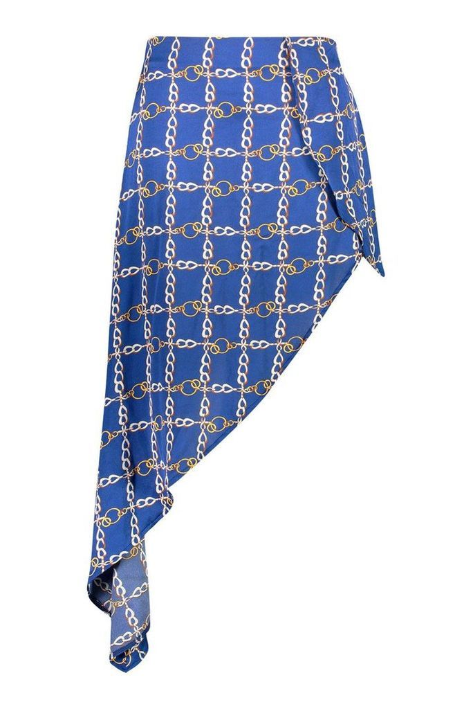 Womens Plus Chain Print Satin Asymmetric Skirt - blue - 22, Blue
