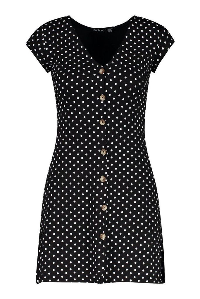 Womens Petite Cap Sleeve Button Polka Dot Shift Dress - Black - 6, Black