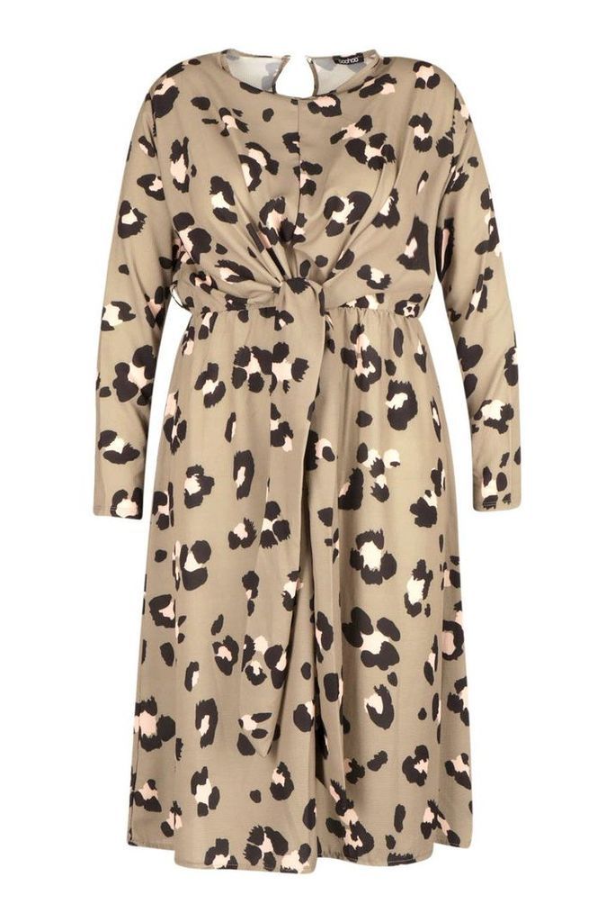 Womens Plus Leopard Print Tie Front Midi Dress - beige - 20, Beige