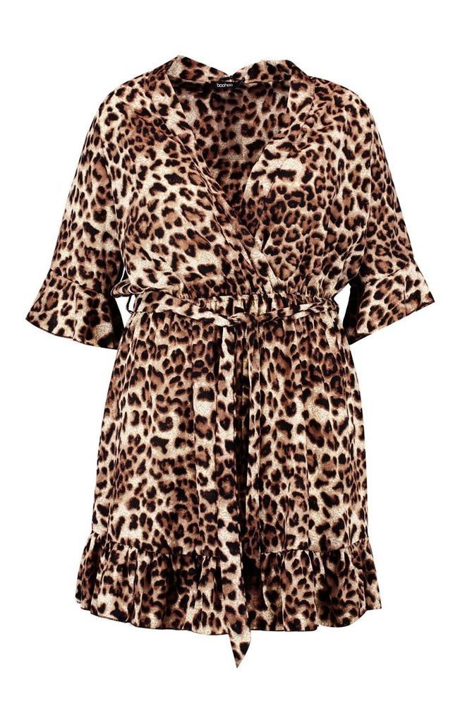 Womens Plus Leopard Print Ruffle Hem Skater Dress - brown - 16, Brown