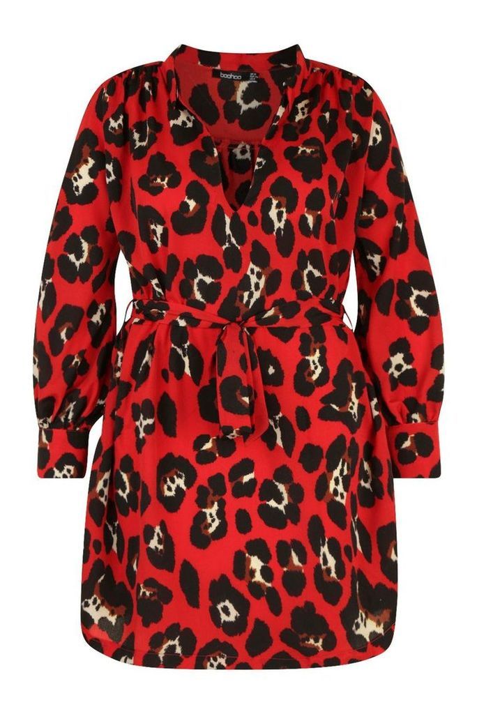 Womens Plus Leopard Tie Waist Shirt Dress - red - 16, Red