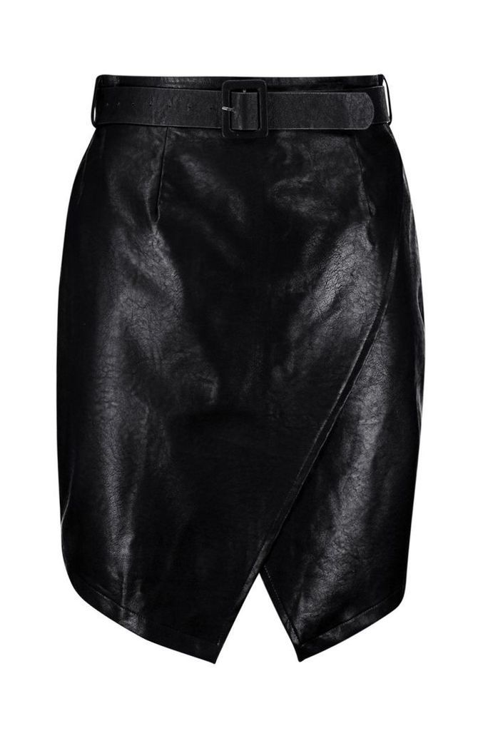 Womens Plus Belted Pu Crossover Skirt - Black - 18, Black