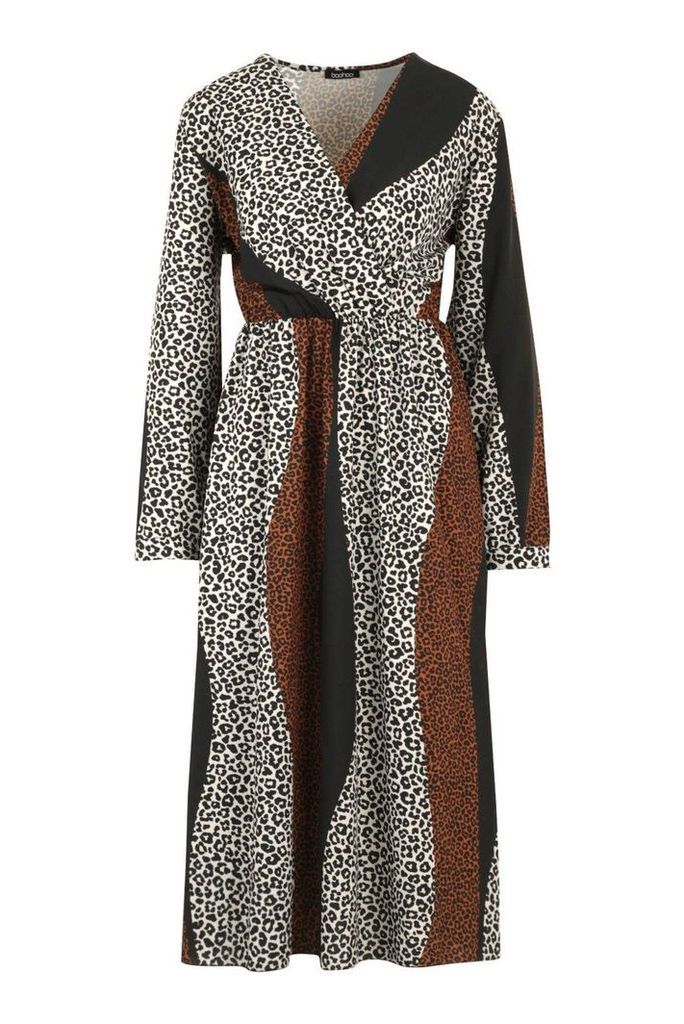 Womens Plus Mix Leopard Print Wrap Midi Dress - Brown - 18, Brown