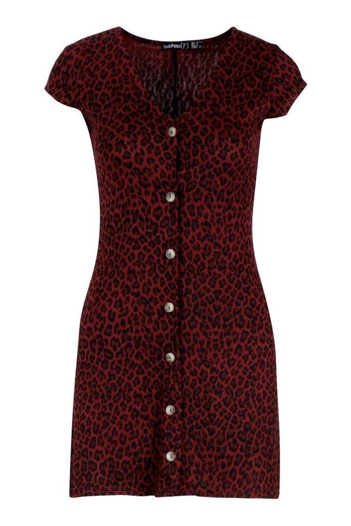 Womens Petite Leopard Print Button Through Swing Dress - red - 14, Red