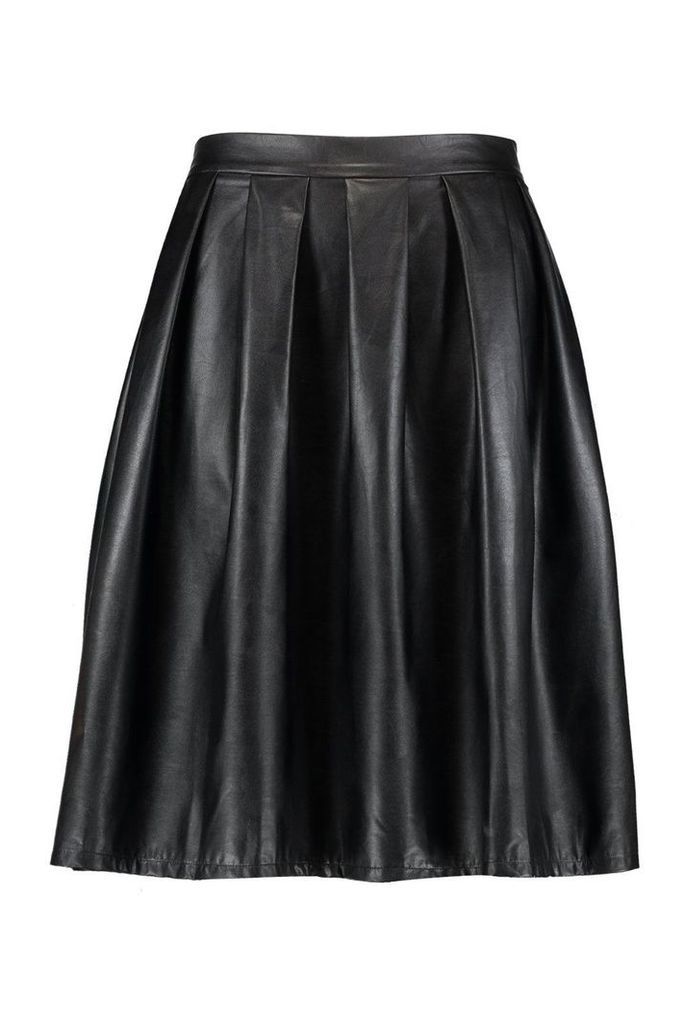 Womens Plus Leather Look Box Pleat Midi Skirt - Black - 24, Black