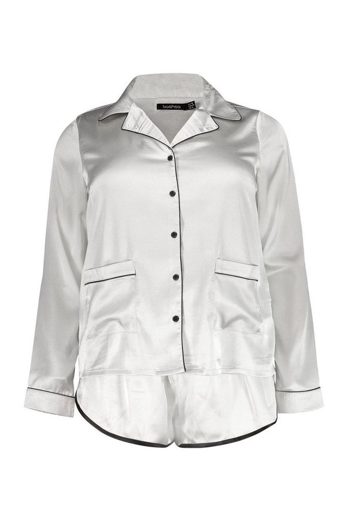 Womens Plus Button Down Pyjama Shirt Set - grey - 20, Grey