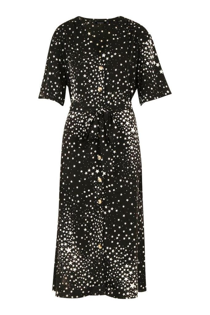 Womens Plus Star Print Button Detail Midi Dress - Black - 16, Black