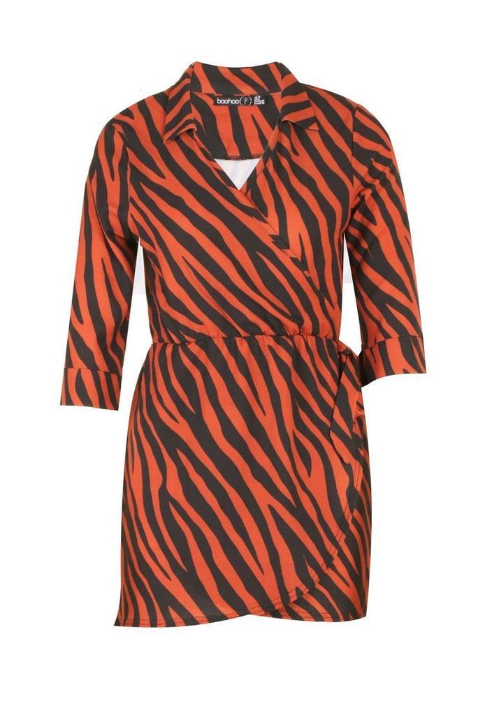 Womens Petite Zebra Print Shirt Dress - brown - 6, Brown