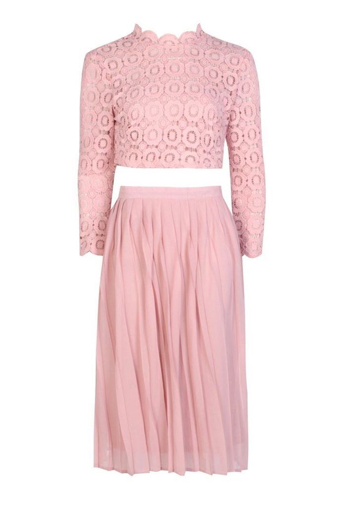 Womens Boutique Lace Top And Midi Skirt Set - Pink - 6, Pink