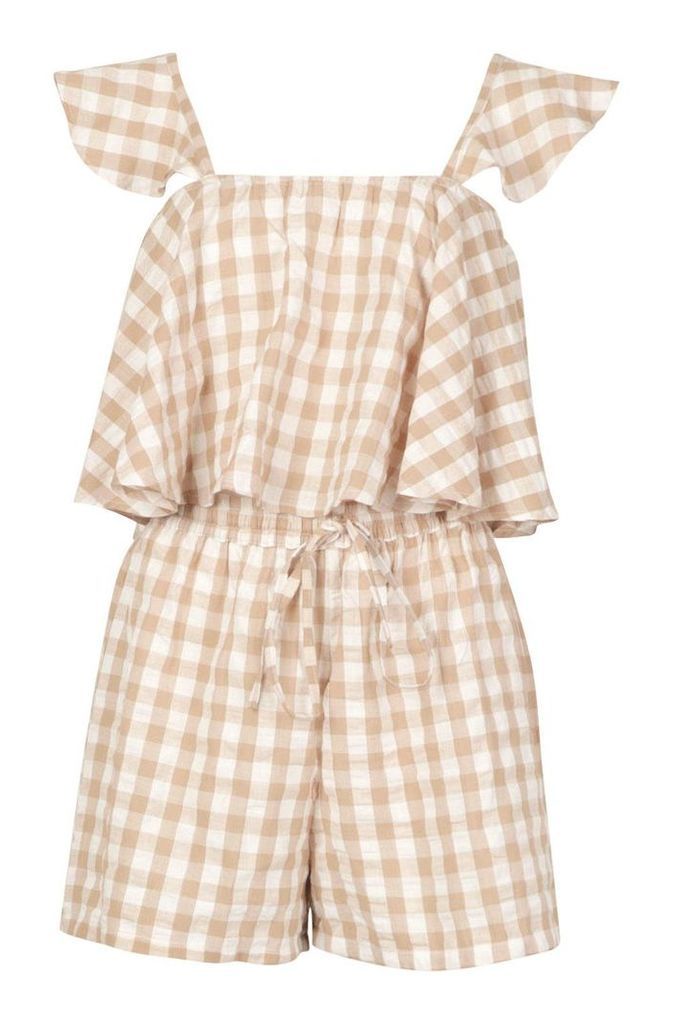 Womens Frill Sleeve Gingham Top & Short Co-ord - beige - 10, Beige