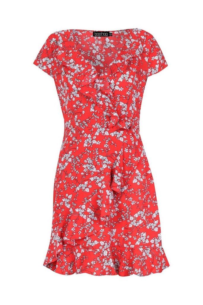 Womens Woven Ditsy Floral Tea Dress - red - 12, Red