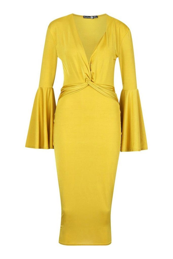 Womens Plunge Front Twist Flared Sleeve Midi Dress - yellow - 12, Yellow