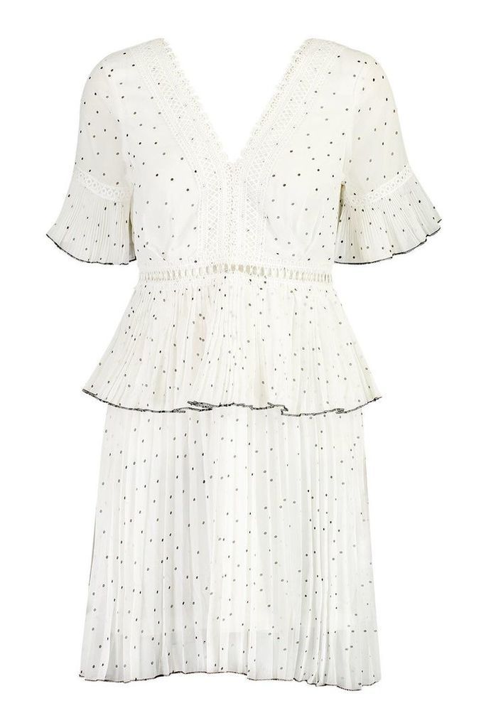 Womens V Neck Lace Trim Pleated Polka Dot Skater Dress - white - M, White