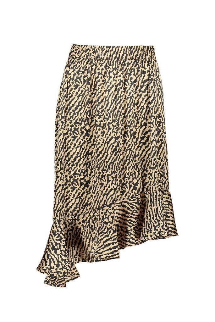 Womens Ruffle Hem Tonal Animal Midi Skirt - Beige - 12, Beige