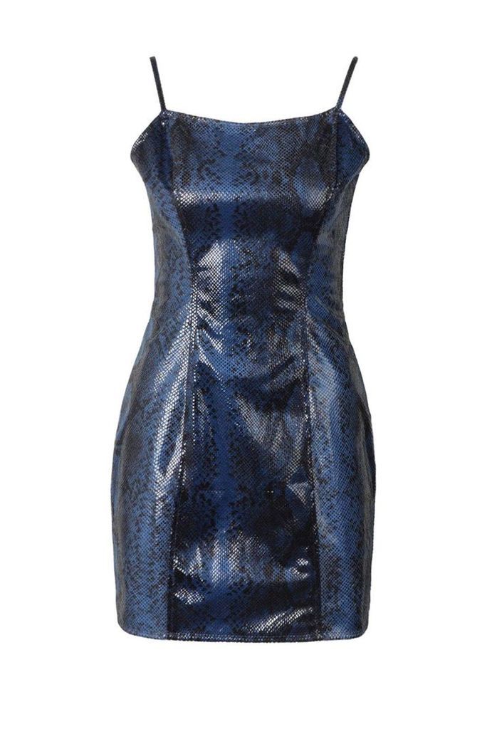 Womens Snakeskin Wet Look Mini Dress - blue - 12, Blue