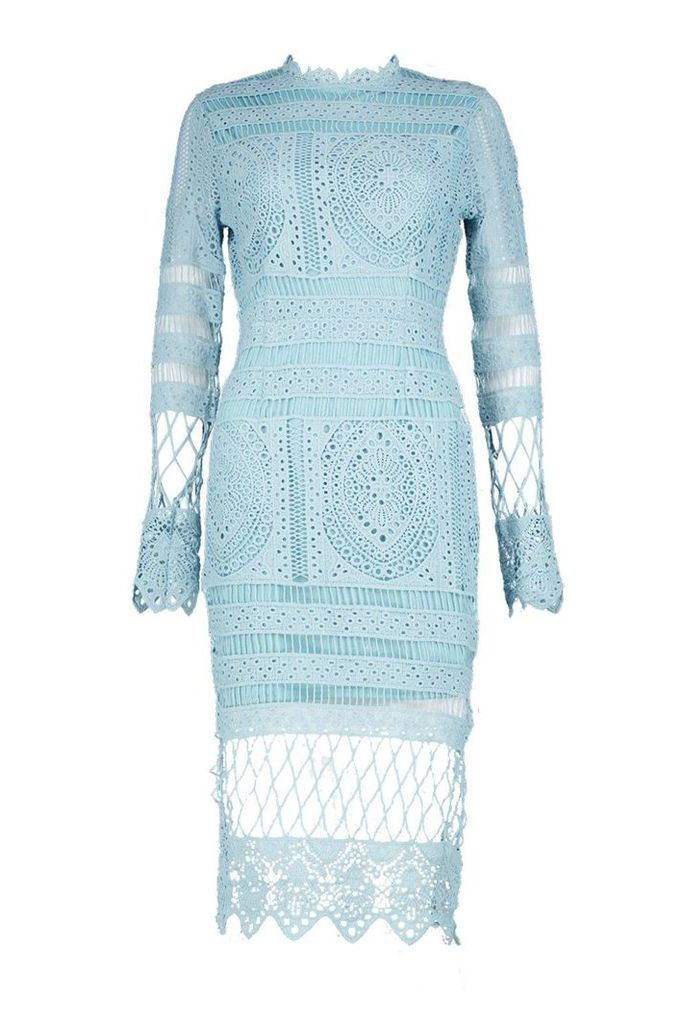 Womens Boutique Lace Panelled Midi Dress - blue - 8, Blue