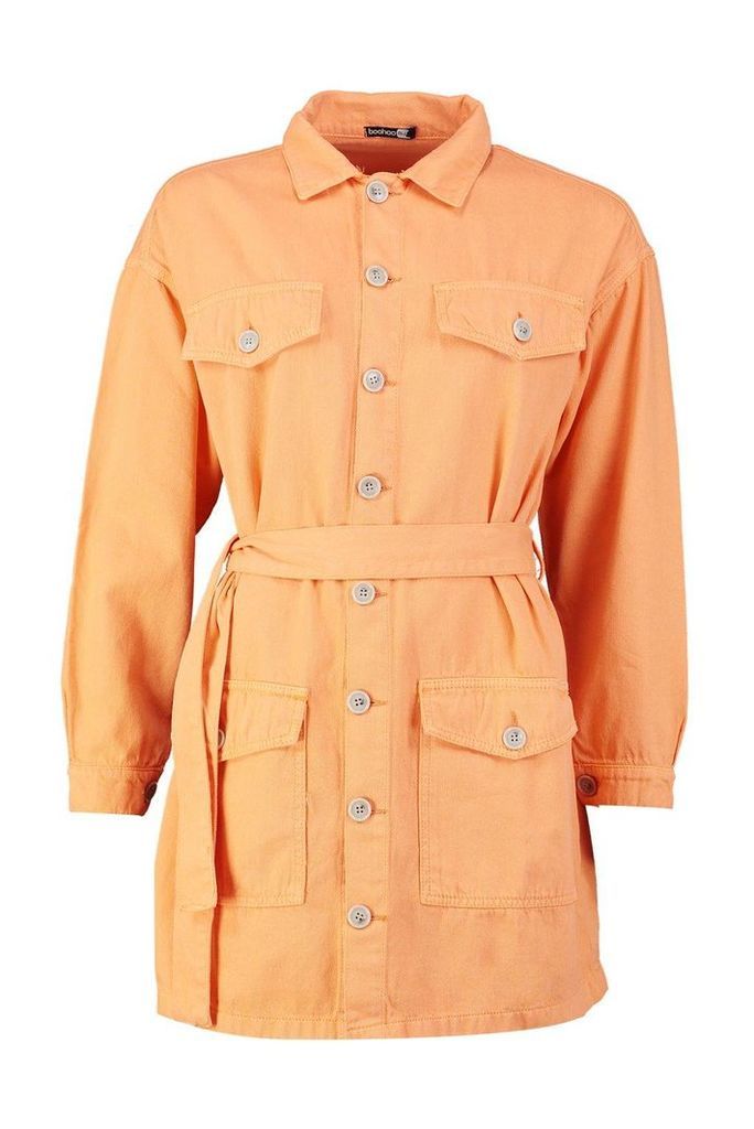 Womens Tie Waist Utility Pocket Denim Dress - orange - 6, Orange