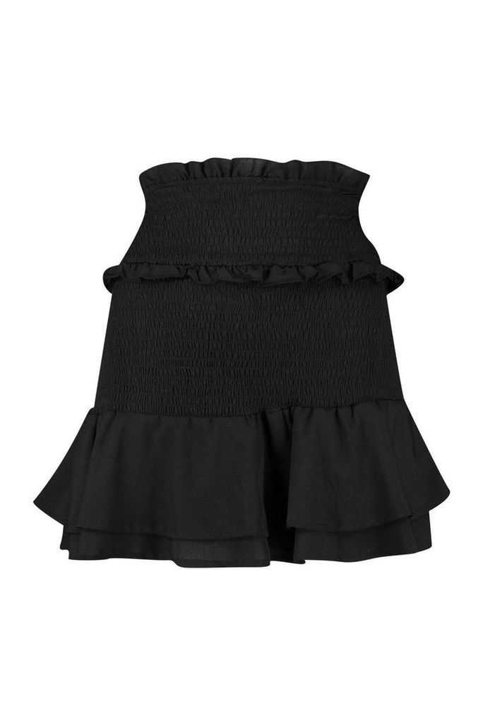 Womens Shirred Double Layer Ruffle Skirt - black - 14, Black
