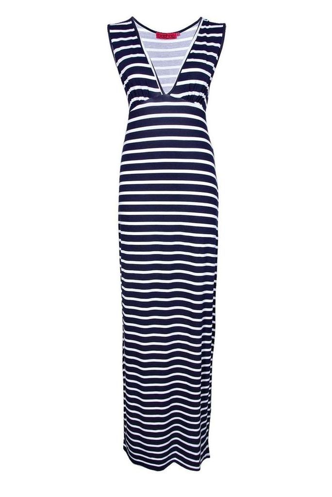 Womens Petite Plunge Striped Jersey Maxi Dress - Navy - 6, Navy