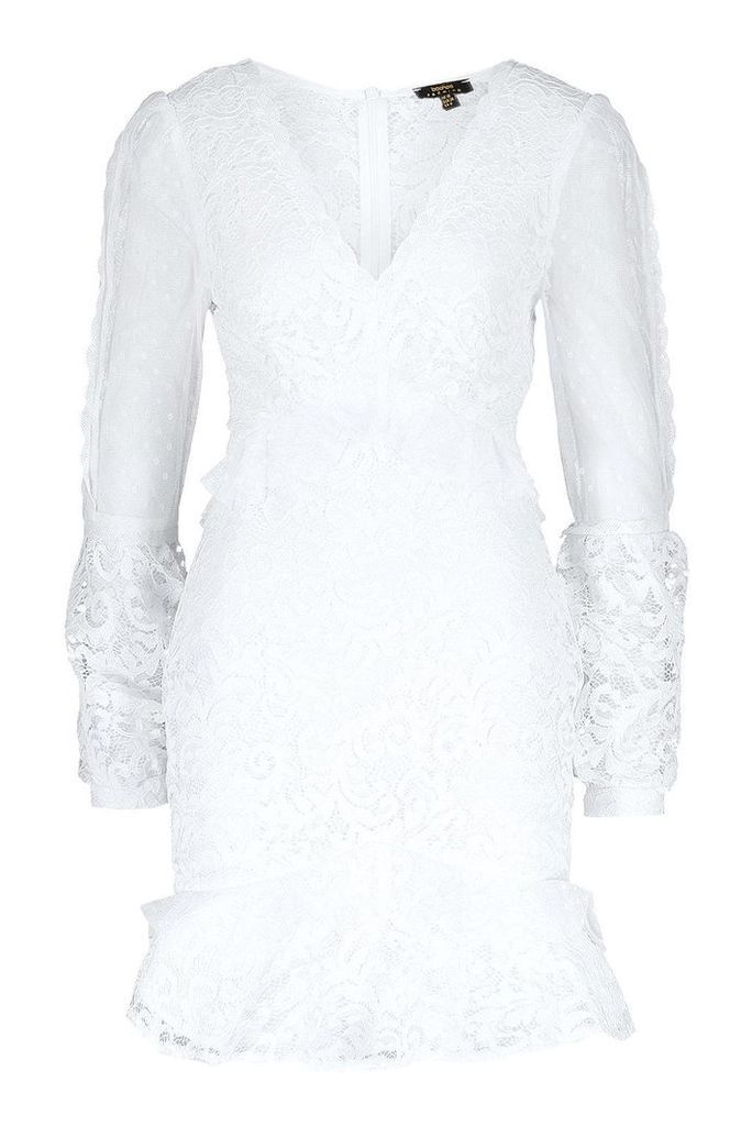 Womens Premium Lace Chiffon Ruffle Mini Dress - white - 6, White