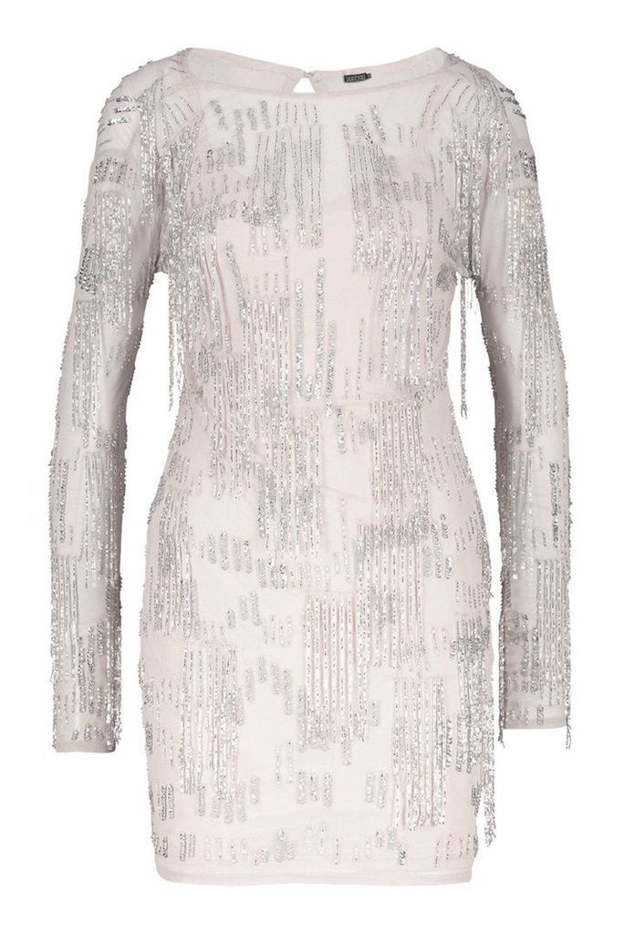 Womens Premium Hand Embellished Fringe Trim Mini Dress - Beige - 8, Beige