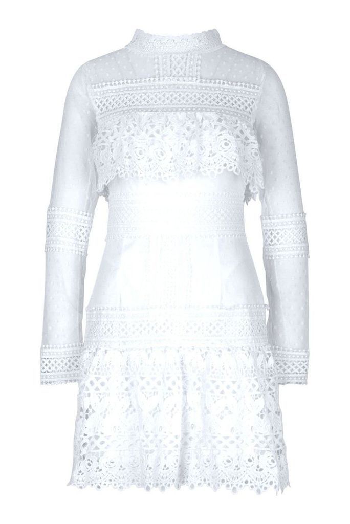 Womens Premium Longsleeve Crochet Lace Dress - white - M, White