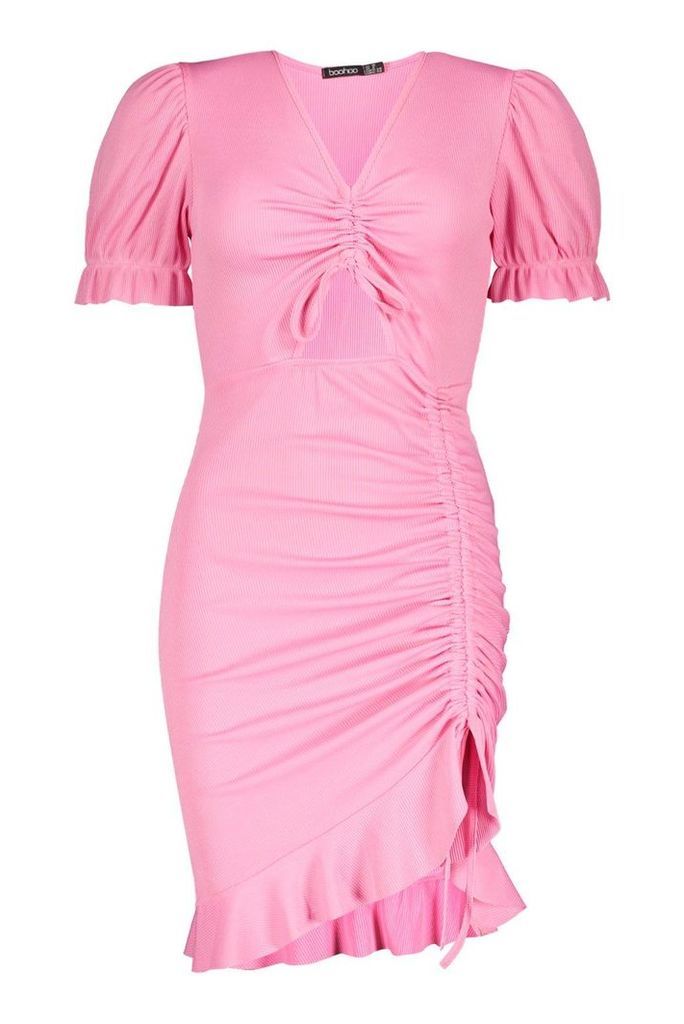 Womens Tall Ruched Ruffle Rib Mini Dress - pastel pink - 8, Pastel Pink
