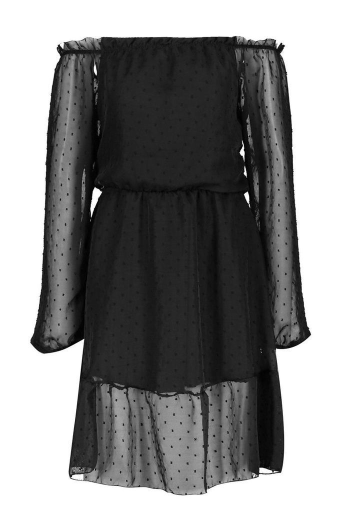 Womens Tall Bardot Dobbymesh Skater Dress - black - 6, Black