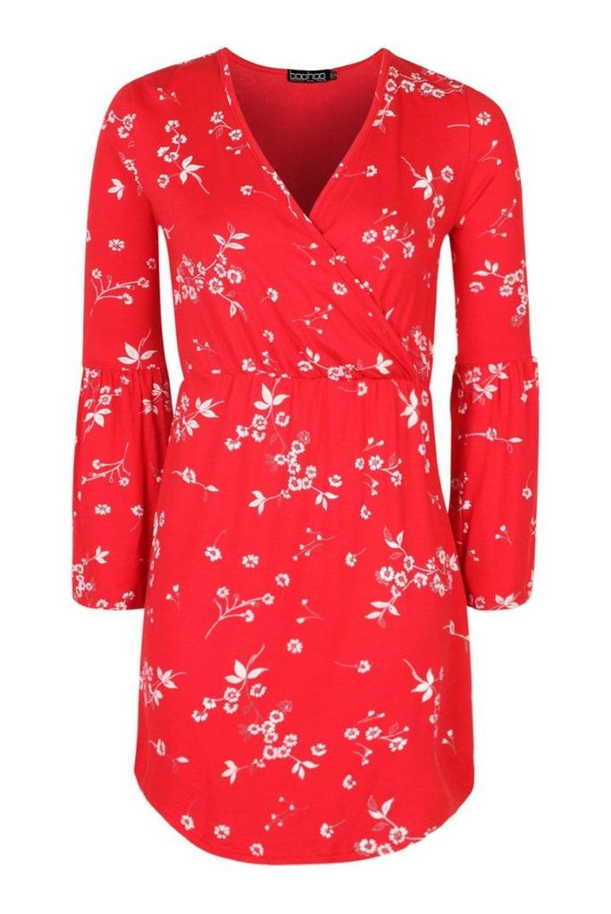 Womens Petite Printed Flute Sleeve Wrap Dress - Red - 4, Red