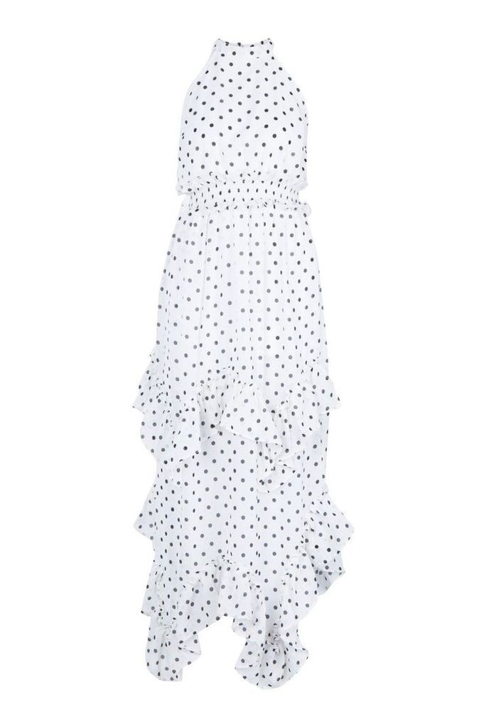Womens Tall Polka Dot Shirred High Neck Maxi Dress - white - 8, White