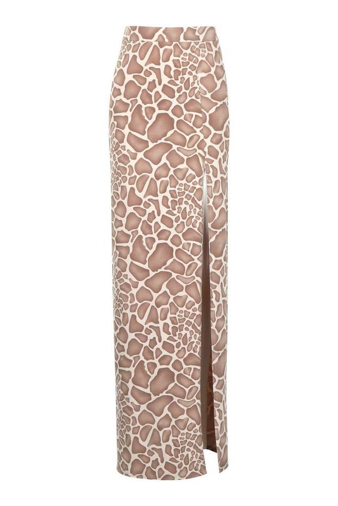 Womens Tall Animal Print Side Split Maxi Skirt - beige - 8, Beige