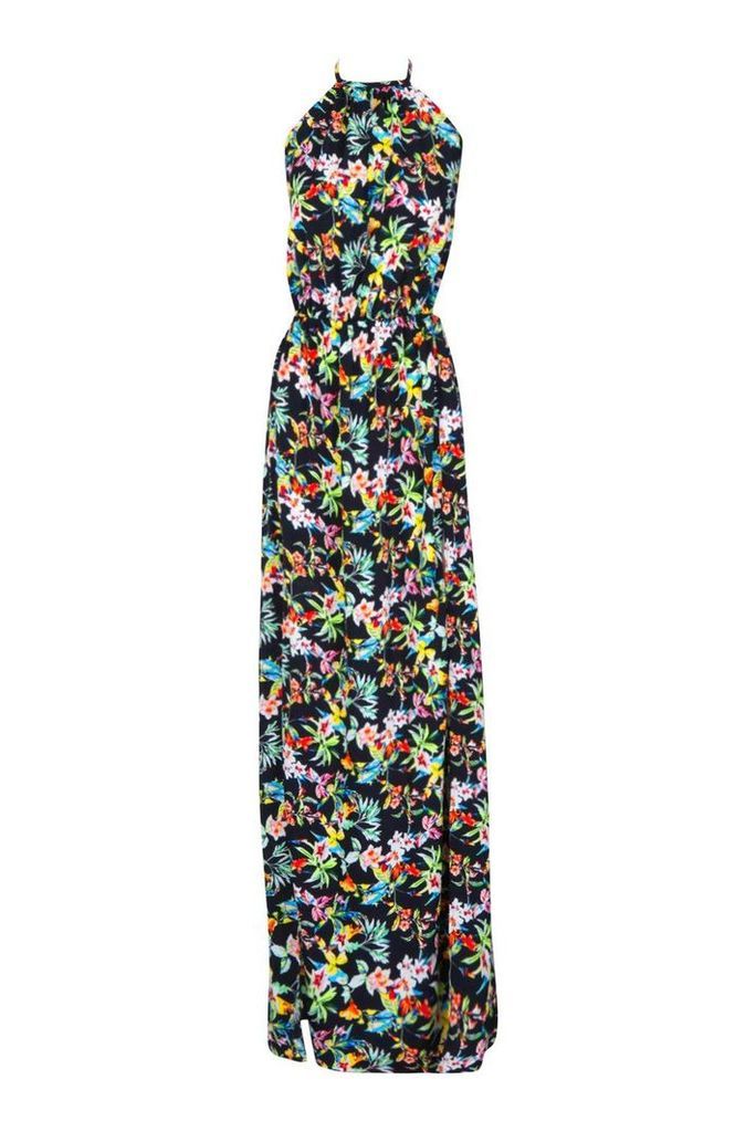 Womens Tall Backless Tropical Print Maxi Dress - black - 14, Black