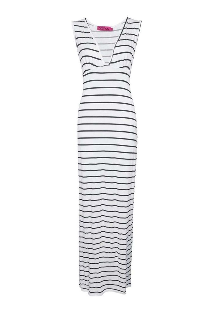 Womens Petite Plunge Striped Jersey Maxi Dress - White - 8, White