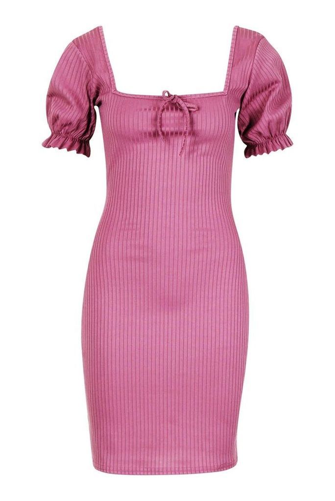 Womens Tall Puff Sleeve Square Neck Rib Mini Dress - pink - 12, Pink
