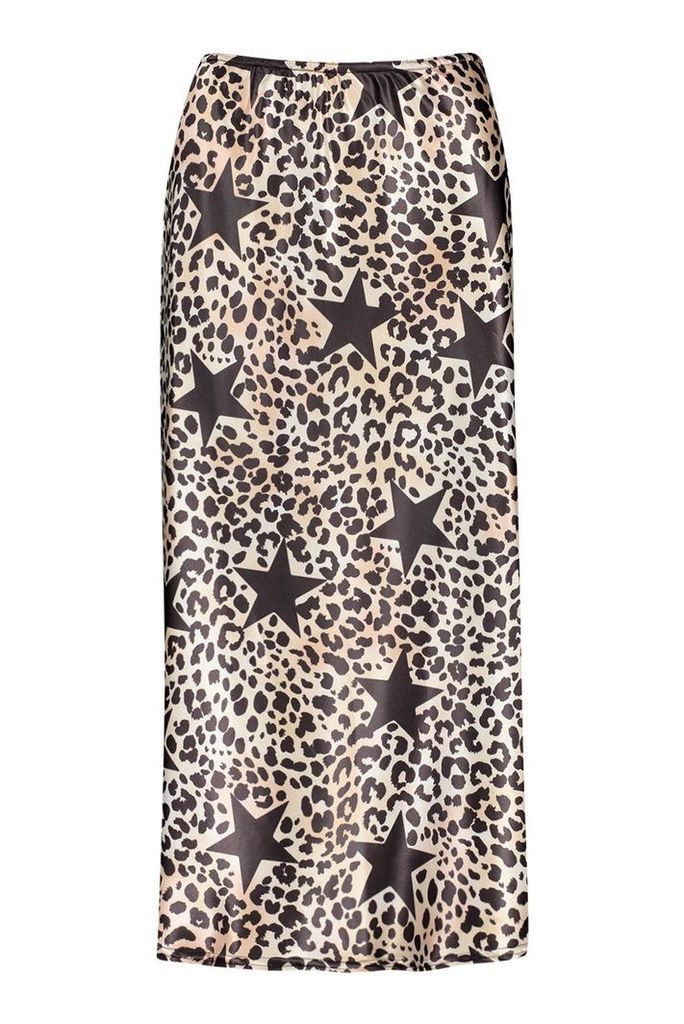 Womens Tall Star and Leopard Print Midi Skirt - multi - 8, Multi