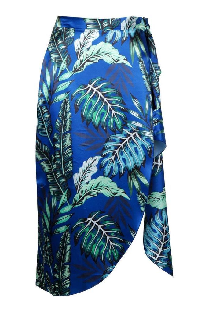 Womens Tall Satin Palm Print Wrap Front Midi Skirt - blue - 12, Blue
