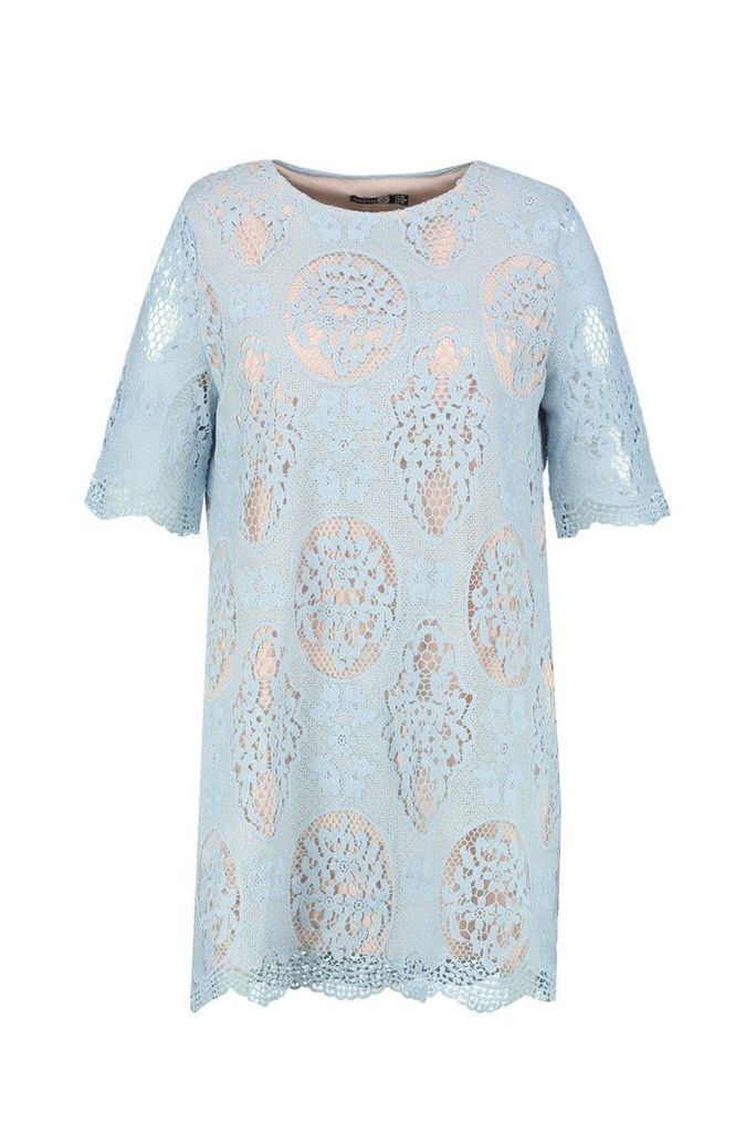 Womens Plus All Over Lace Shift Dress - blue - 16, Blue