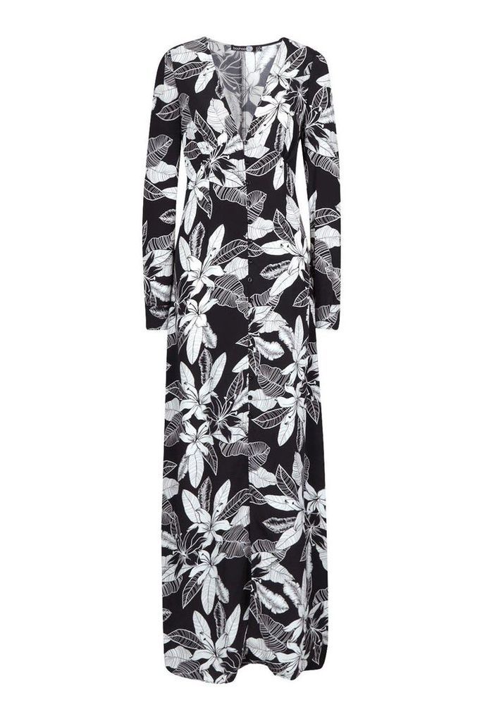 Womens Tall Leaf Print Button Through Maxi Dress - black - 10, Black