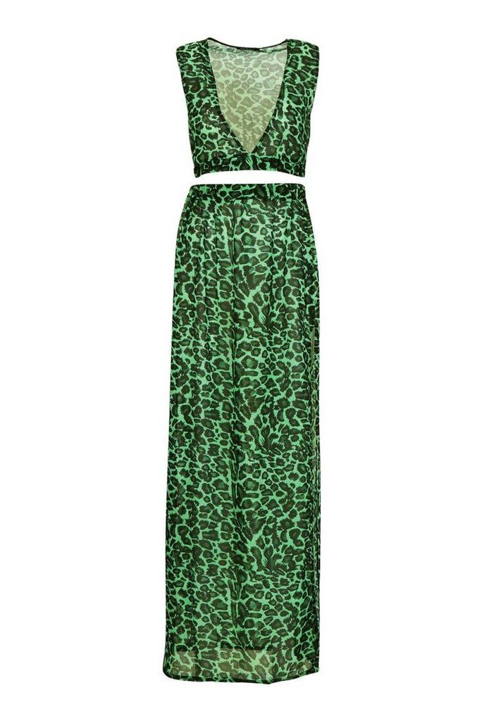 Womens Leopard Plunge Top & Skirt Beach Co-Ord - green - XS, Green