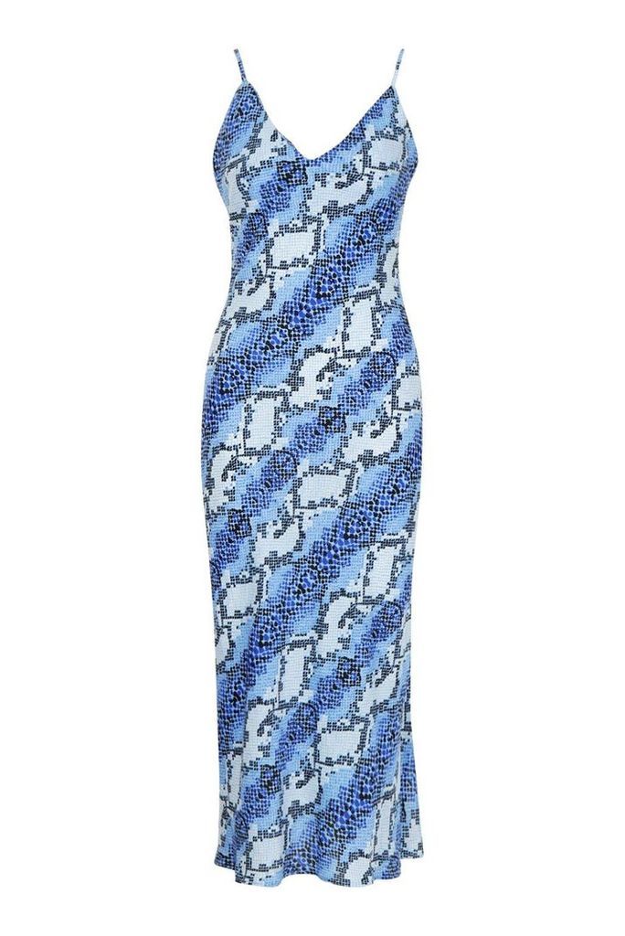 Womens Tall Snake Print Satin Slip Dress - blue - 10, Blue