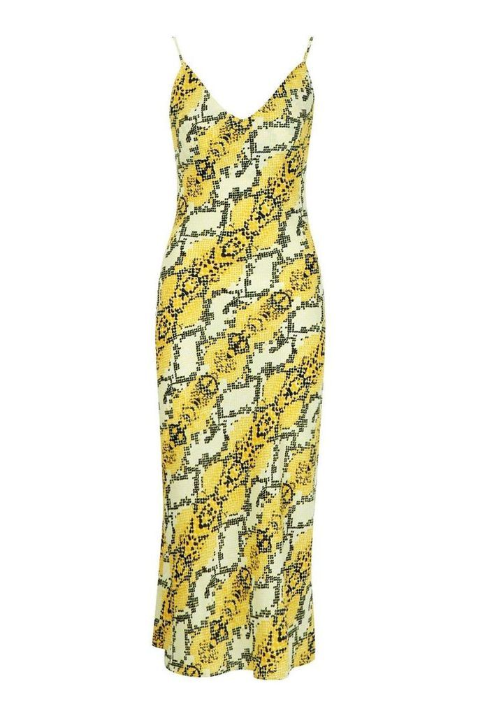 Womens Tall Snake Print Satin Slip Dress - yellow - 12, Yellow