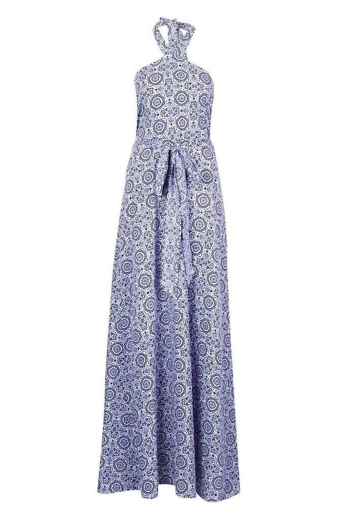 Womens Tall Printed Halter Twist Belted Maxi Dress - blue - 6, Blue